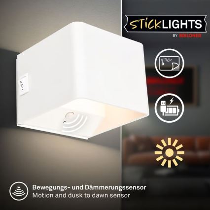 Briloner 3879016 - LED uppladdningsbar vägglampa med sensor BORRA LED/1,5W/5V 3600 mAh vit