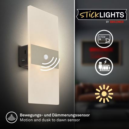Briloner 3888012 - LED uppladdningsbar vägglampa med rörelse- och skymningssensor AURA LED/2,5W/5V 1800 mAh matt krom