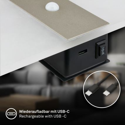 Briloner 3888012 - LED uppladdningsbar vägglampa med rörelse- och skymningssensor AURA LED/2,5W/5V 1800 mAh matt krom