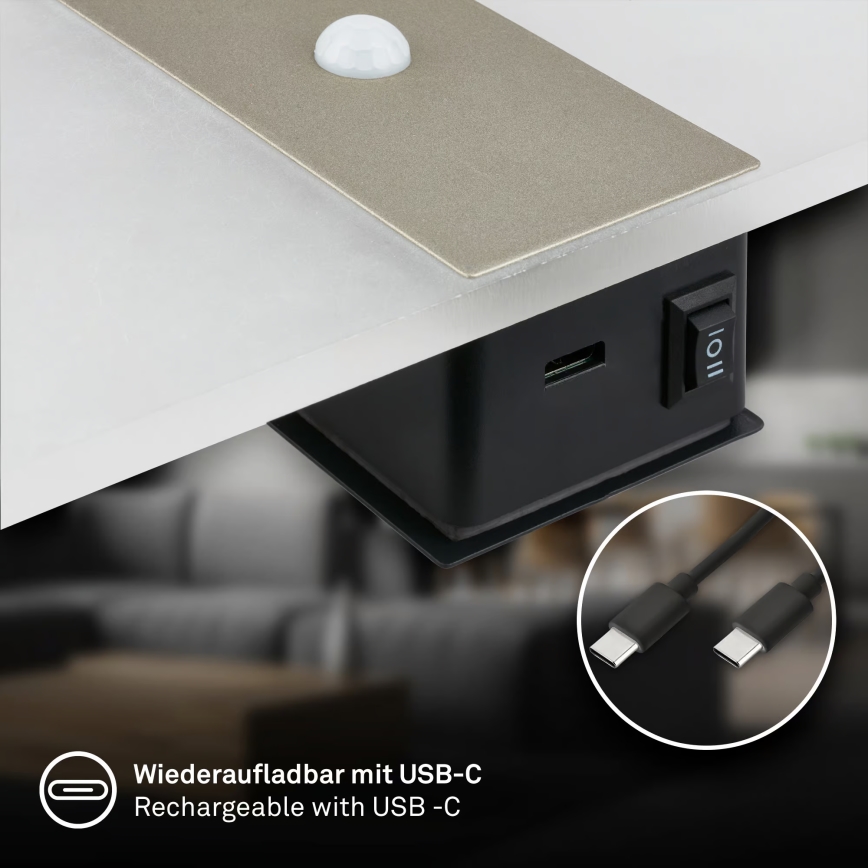 Briloner 3888012 - LED uppladdningsbar vägglampa med rörelse- och skymningssensor AURA LED/2,5W/5V 1800 mAh matt krom