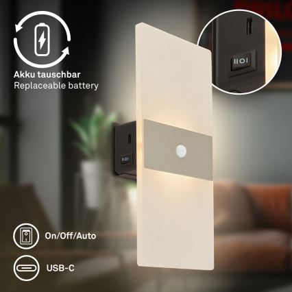 Briloner 3888012 - LED uppladdningsbar vägglampa med rörelse- och skymningssensor AURA LED/2,5W/5V 1800 mAh matt krom