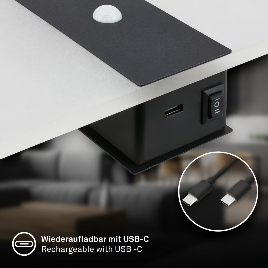 Briloner 3888015 - AURA LED-uppladdningsbar vägglampa med rörelse- och skymningssensor, 2,5W/5V, 1800 mAh, svart