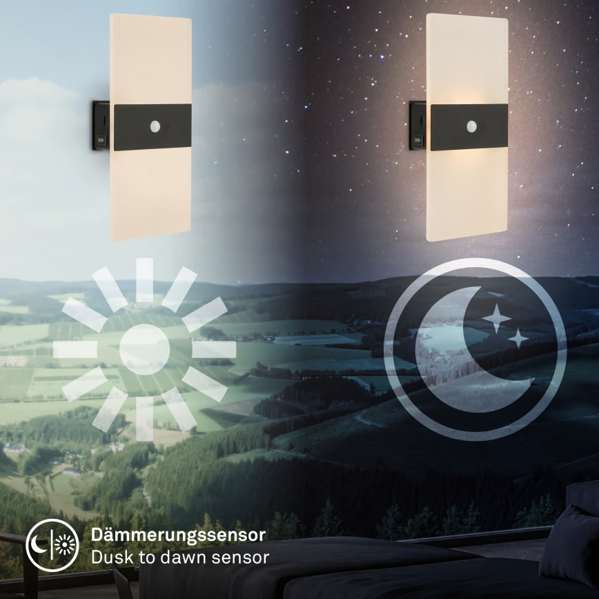 Briloner 3888015 - AURA LED-uppladdningsbar vägglampa med rörelse- och skymningssensor, 2,5W/5V, 1800 mAh, svart