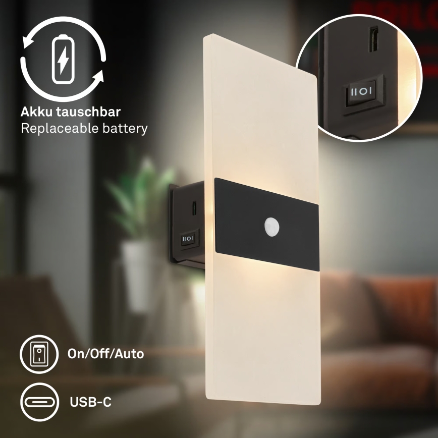 Briloner 3888015 - AURA LED-uppladdningsbar vägglampa med rörelse- och skymningssensor, 2,5W/5V, 1800 mAh, svart