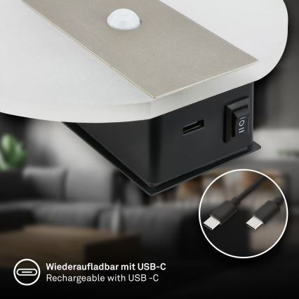 Briloner 3889012 - LED uppladdningsbar vägglampa med rörelse- och skymningssensor TARO LED/2,5W/5V 1800 mAh matt krom