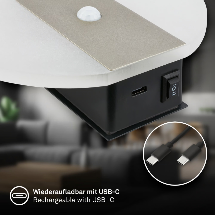 Briloner 3889012 - LED uppladdningsbar vägglampa med rörelse- och skymningssensor TARO LED/2,5W/5V 1800 mAh matt krom