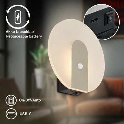 Briloner 3889012 - LED uppladdningsbar vägglampa med rörelse- och skymningssensor TARO LED/2,5W/5V 1800 mAh matt krom