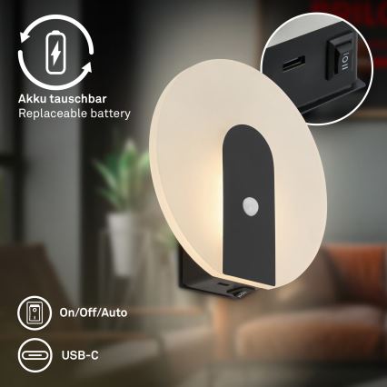 Briloner 3889015 - LED uppladdningsbar vägglampa med rörelse- och skymningssensor TARO LED/2,5W/5V 1800 mAh svart