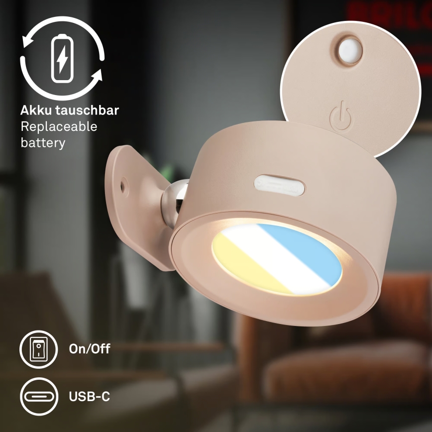 Briloner 3896011 - Dimbbar uppladdningsbar LED-vägglampa TARI LED/1,6W/5V 1500 mAh beige