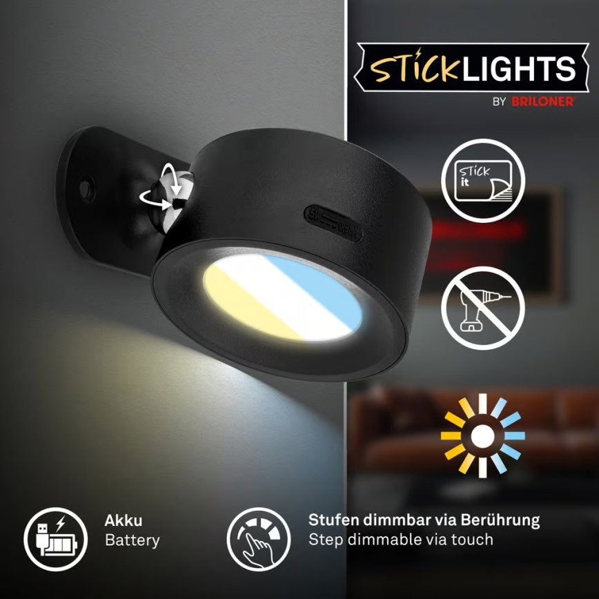 Briloner 3896015 - LED dimbar uppladdningsbar vägglampa TARI LED/1,6W/5V 1500 mAh svart