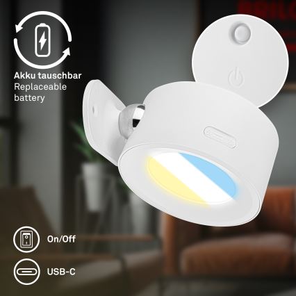 Briloner 3896016 - LED dimbar uppladdningsbar vägglampa TARI LED/1,6W/5V 1500 mAh vit