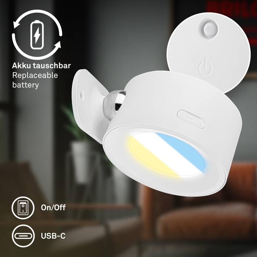 Briloner 3896016 - LED dimbar uppladdningsbar vägglampa TARI LED/1,6W/5V 1500 mAh vit