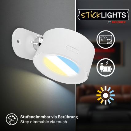 Briloner 3896016 - LED dimbar uppladdningsbar vägglampa TARI LED/1,6W/5V 1500 mAh vit