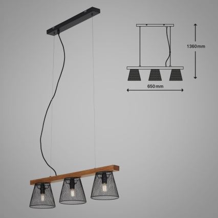 Briloner 4077-035 - Ljuskrona med textilsladd WOOD & STYLE 3xE14/25W/230V gummiträd