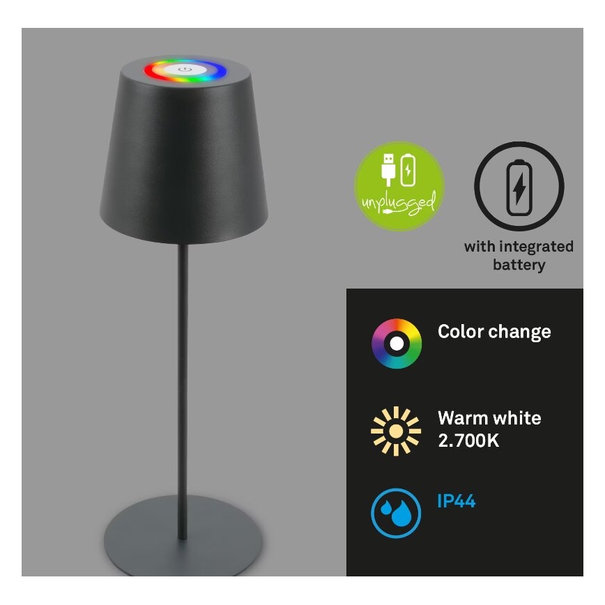 Briloner 7507015 - Dimmbar, uppladdningsbar utomhusbordslampa 2 i 1 LED RGB/2,5W/5V IP44 1200 mAh antracit