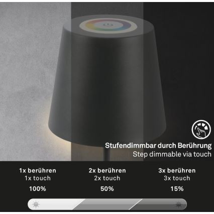 Briloner 7507015 - Dimmbar, uppladdningsbar utomhusbordslampa 2 i 1 LED RGB/2,5W/5V IP44 1200 mAh antracit