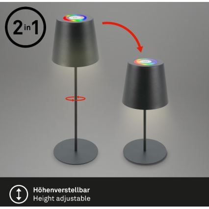 Briloner 7507015 - Dimmbar, uppladdningsbar utomhusbordslampa 2 i 1 LED RGB/2,5W/5V IP44 1200 mAh antracit