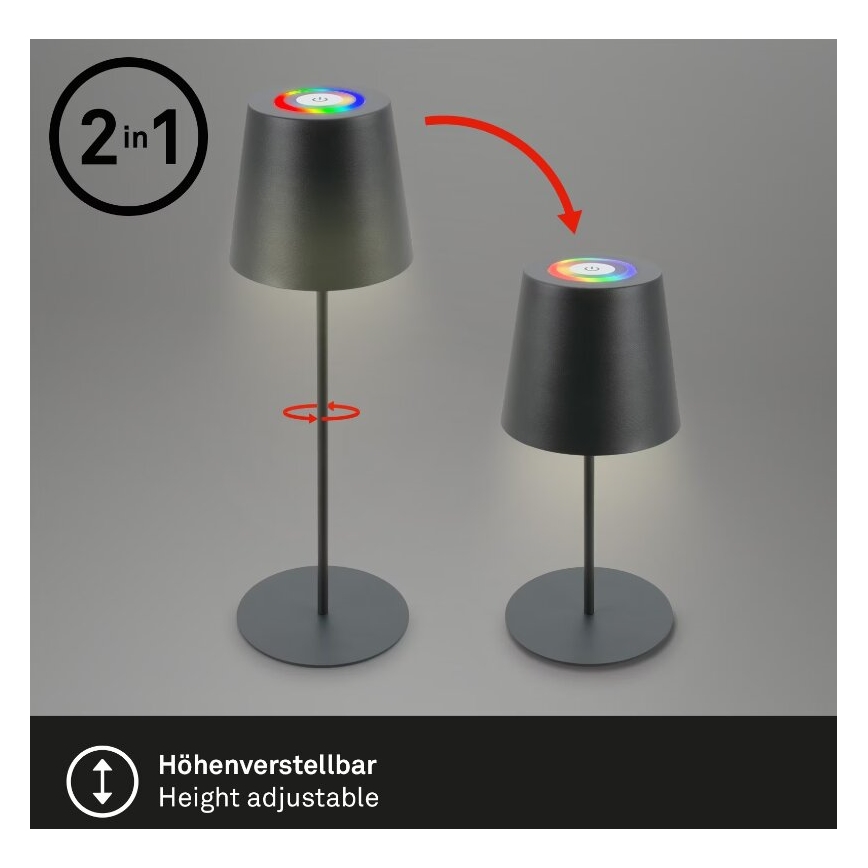 Briloner 7507015 - Dimmbar, uppladdningsbar utomhusbordslampa 2 i 1 LED RGB/2,5W/5V IP44 1200 mAh antracit