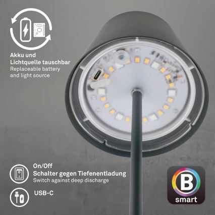 Briloner 7559015 - LED RGB dimbar uppladdningsbar utomhusbordslampa COLORIS LED/3,5W/5V IP44 2000 mAh antracit Wi-Fi Tuya