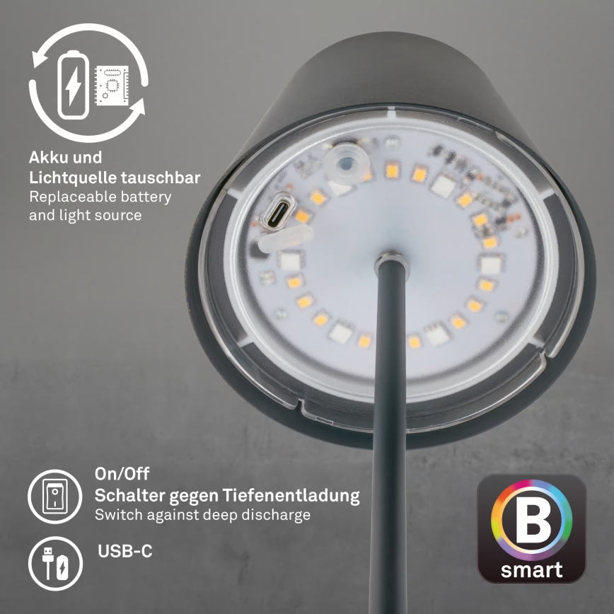 Briloner 7559015 - LED RGB dimbar uppladdningsbar utomhusbordslampa COLORIS LED/3,5W/5V IP44 2000 mAh antracit Wi-Fi Tuya