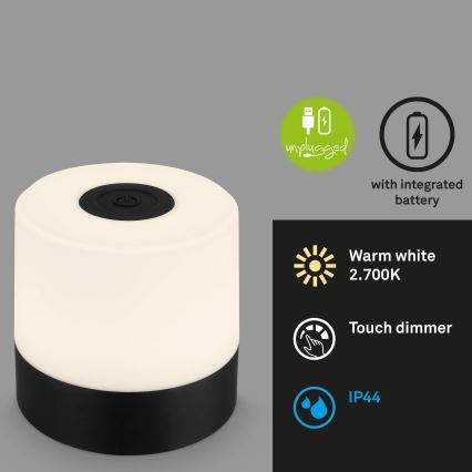 Briloner - LED dimmbar uppladdningsbar beröringsstyrd utomhusbordslampa LED/2W/5V 2700K IP44 1200 mAh svart