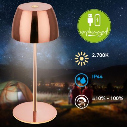 Briloner - MINI LED dimbar uppladdningsbar beröringsstyrd utomhusbordslampa, 2,5W/5V, IP44, 1800 mAh, kopparfärgad