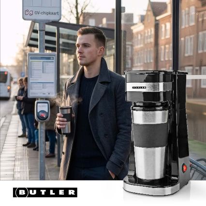 Butler - Kaffebryggare för en kopp 0,4 l med resmugg 750 W/230 V rostfritt stål/svart