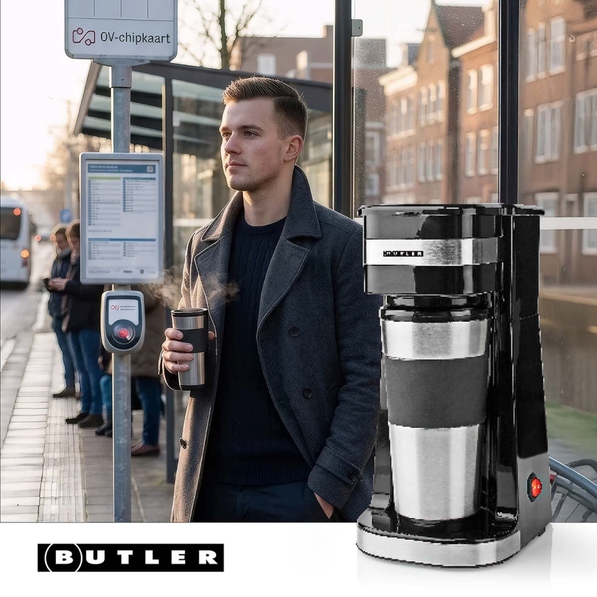 Butler - Kaffebryggare för en kopp 0,4 l med resmugg 750 W/230 V rostfritt stål/svart