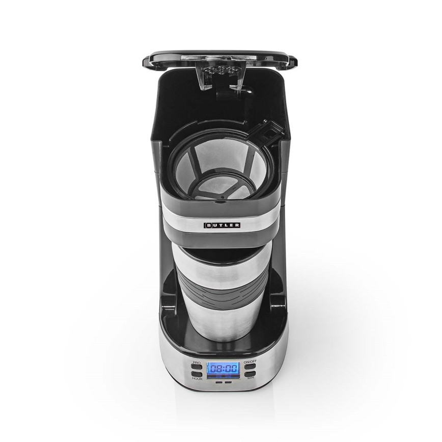 Butler - Kaffebryggare för en kopp 0,4 l med timer och resemugg 750W/230V rostfritt stål/svart