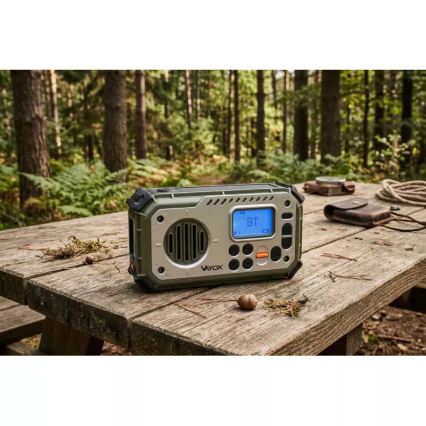 Campingradio med vev, solpanel och LED-ficklampa med powerbankfunktion 5V/3xAAA/2000 mAh IPX4 grön