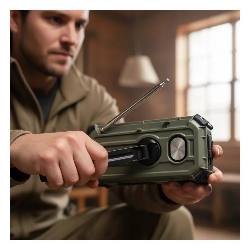 Campingradio med vev, solpanel och LED-ficklampa med powerbankfunktion 5V/3xAAA/2000 mAh IPX4 grön