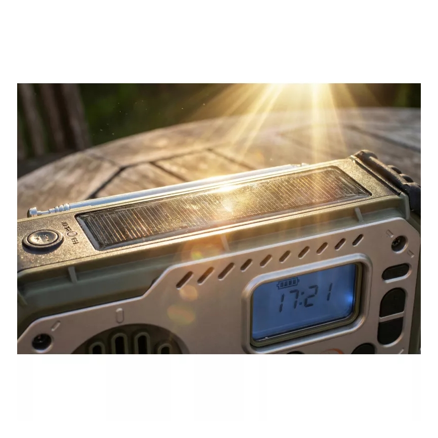 Campingradio med vev, solpanel och LED-ficklampa med powerbankfunktion 5V/3xAAA/2000 mAh IPX4 grön