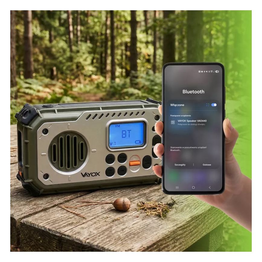 Campingradio med vev, solpanel och LED-ficklampa med powerbankfunktion 5V/3xAAA/2000 mAh IPX4 grön