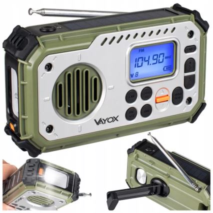 Campingradio med vev, solpanel och LED-ficklampa med powerbankfunktion 5V/3xAAA/2000 mAh IPX4 grön