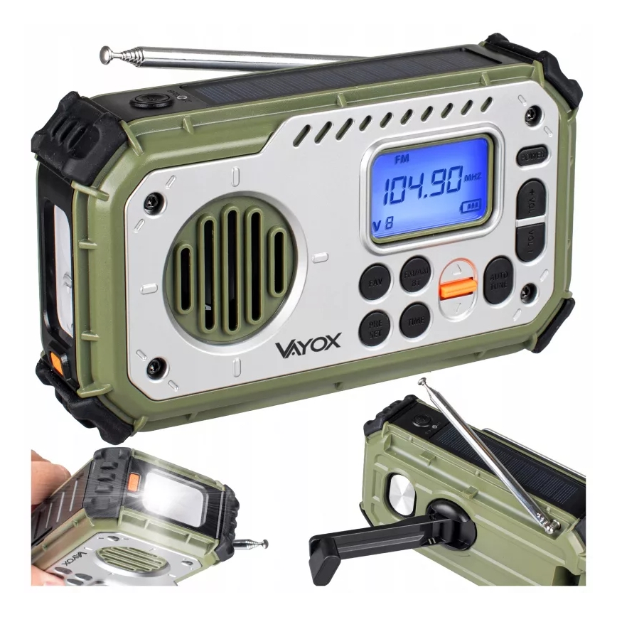 Campingradio med vev, solpanel och LED-ficklampa med powerbankfunktion 5V/3xAAA/2000 mAh IPX4 grön