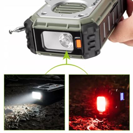 Campingradio med vev, solpanel och LED-ficklampa med powerbankfunktion 5V/3xAAA/2000 mAh IPX4 grön