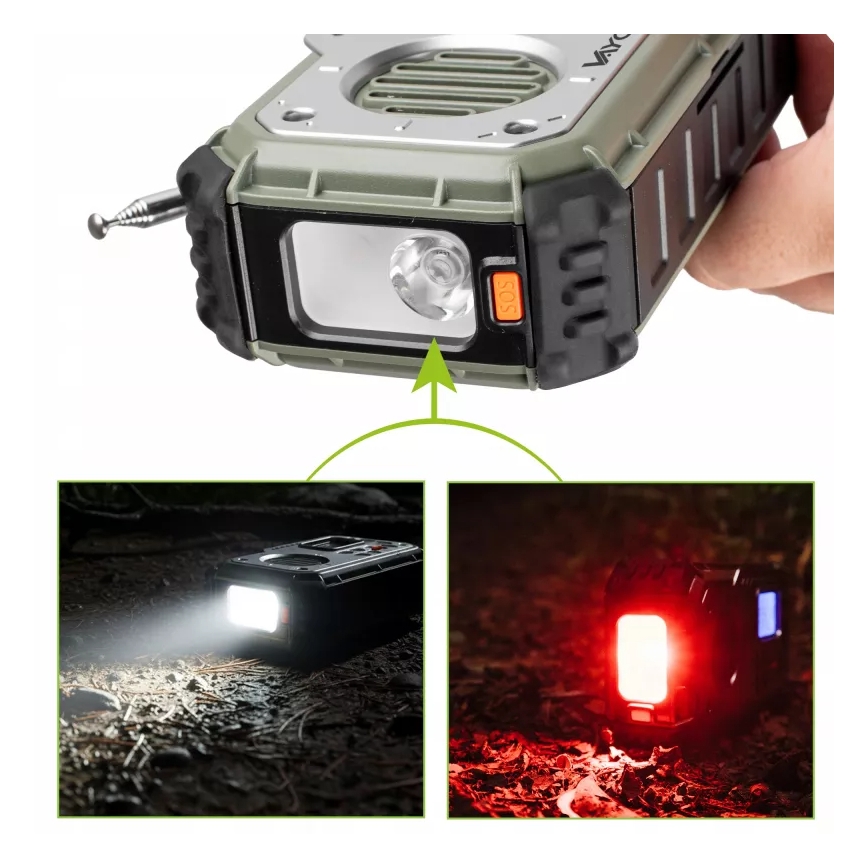 Campingradio med vev, solpanel och LED-ficklampa med powerbankfunktion 5V/3xAAA/2000 mAh IPX4 grön