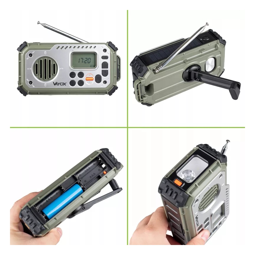 Campingradio med vev, solpanel och LED-ficklampa med powerbankfunktion 5V/3xAAA/2000 mAh IPX4 grön