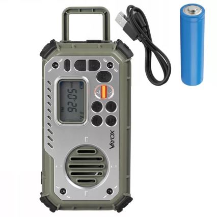 Campingradio med vev, solpanel och LED-ficklampa med powerbankfunktion 5V/3xAAA/2000 mAh IPX4 grön