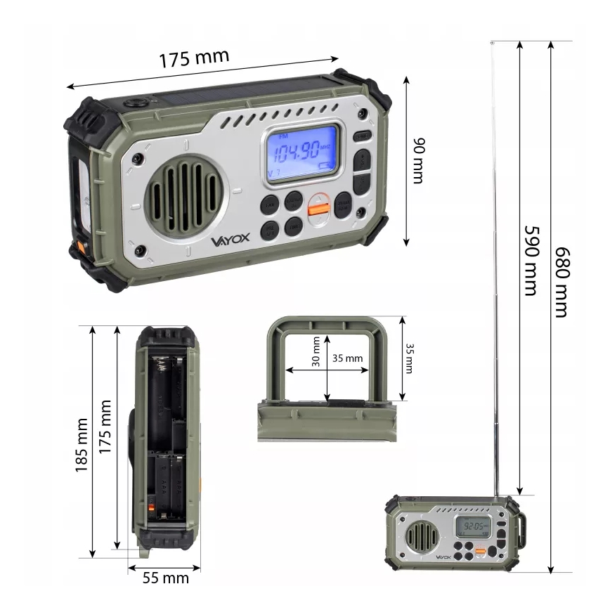 Campingradio med vev, solpanel och LED-ficklampa med powerbankfunktion 5V/3xAAA/2000 mAh IPX4 grön