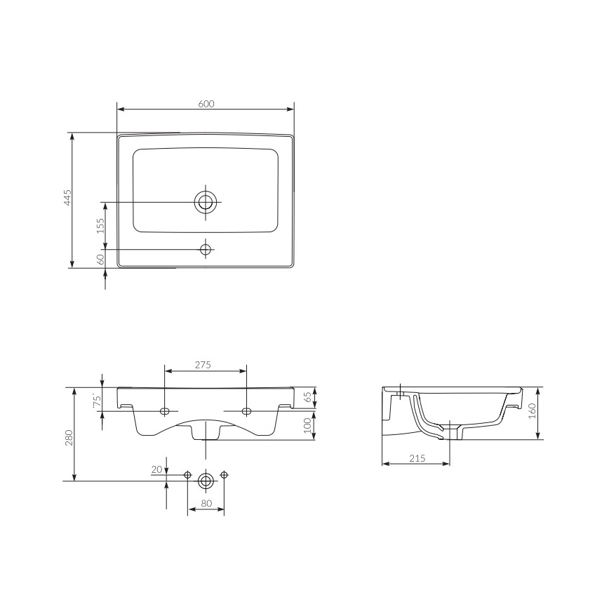 Cersanit K114-006 - Infällt handfat CREA 44,5x60 cm keramik/blank vit
