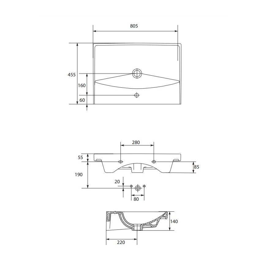 Cersanit K35-061 - Infällt tvättställ CITY 45,5x80,5 cm keramik/blank vit