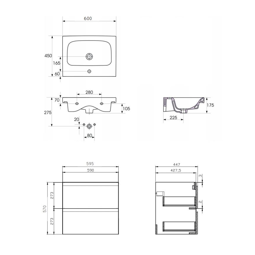 Cersanit S801-223-DSM - Vägghängd badrumskommod med tvättställ MODUO 60x45 cm högblank vit