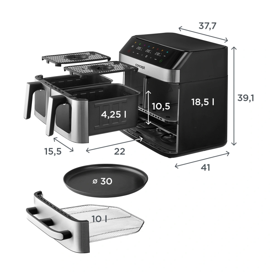 Concept FR9000 - Varmluftsfritös PIZZA TRIO 18,5 l 2700W/230V rostfritt stål/svart