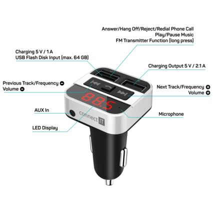 CONNECT IT CCC-8800-SL - FM-sändare för bil med handsfree-funktion svart/silver