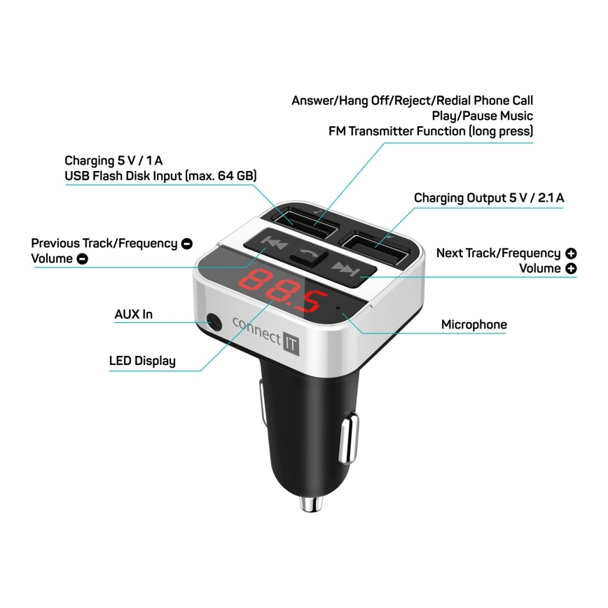 CONNECT IT CCC-8800-SL - FM-sändare för bil med handsfree-funktion svart/silver