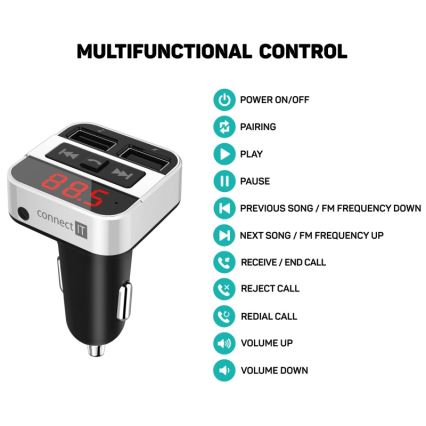 CONNECT IT CCC-8800-SL - FM-sändare för bil med handsfree-funktion svart/silver