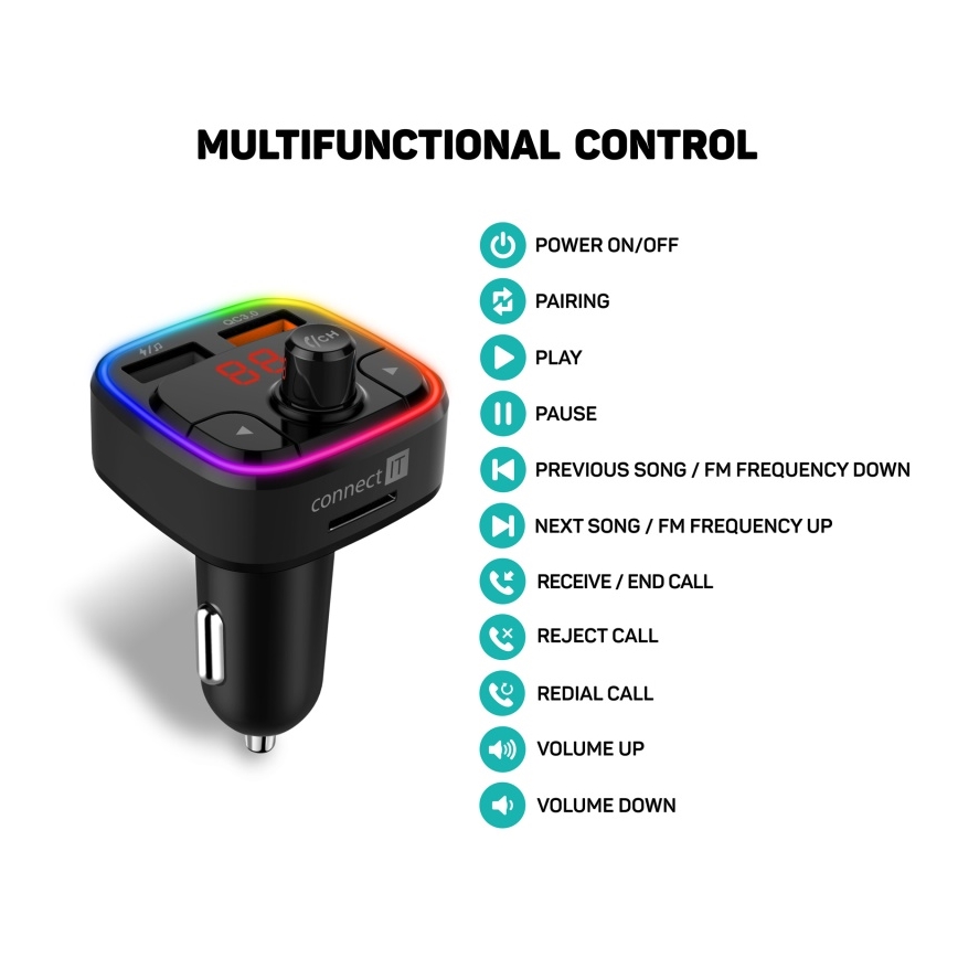 CONNECT IT CCC-9090-BK - LED RGB FM-bilsändare med handsfree-funktion svart