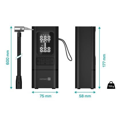 CONNECT IT CFF-4500-BK - Digital bärbar fickkompressor AirFlow 80W/6000 mAh svart
