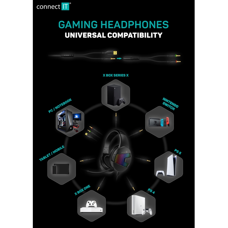 CONNECT IT CHP-3595-WH - LED RGB Gaming hörlurar med sladd Med en mikrofon vit/svart